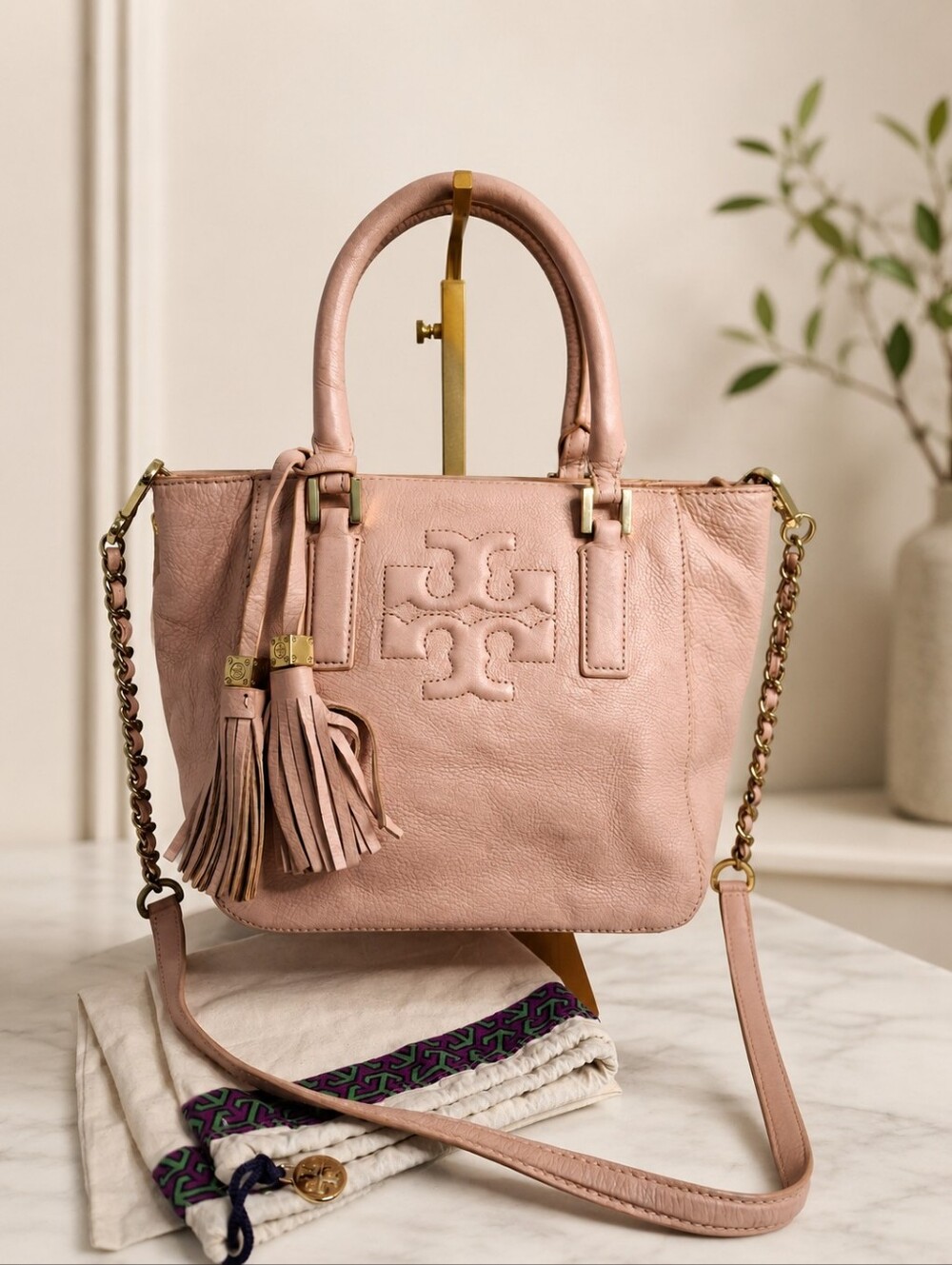 Tory Burch Thea Blush Pink Pebbled Leather Satchel Crossbody Bag w/ Dust Bag